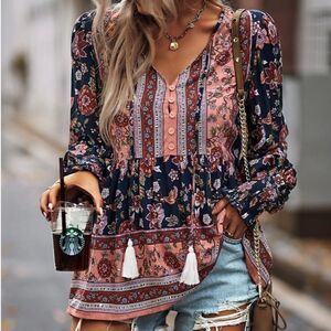 Ditsy Navy Floral Print Long Sleeve  Baby Doll Smock Top Tunic Blouse Hippie